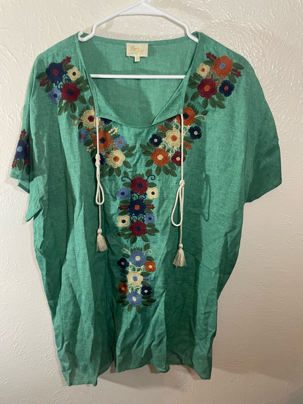 Green Embroidered Tie-Neck Tunic Top